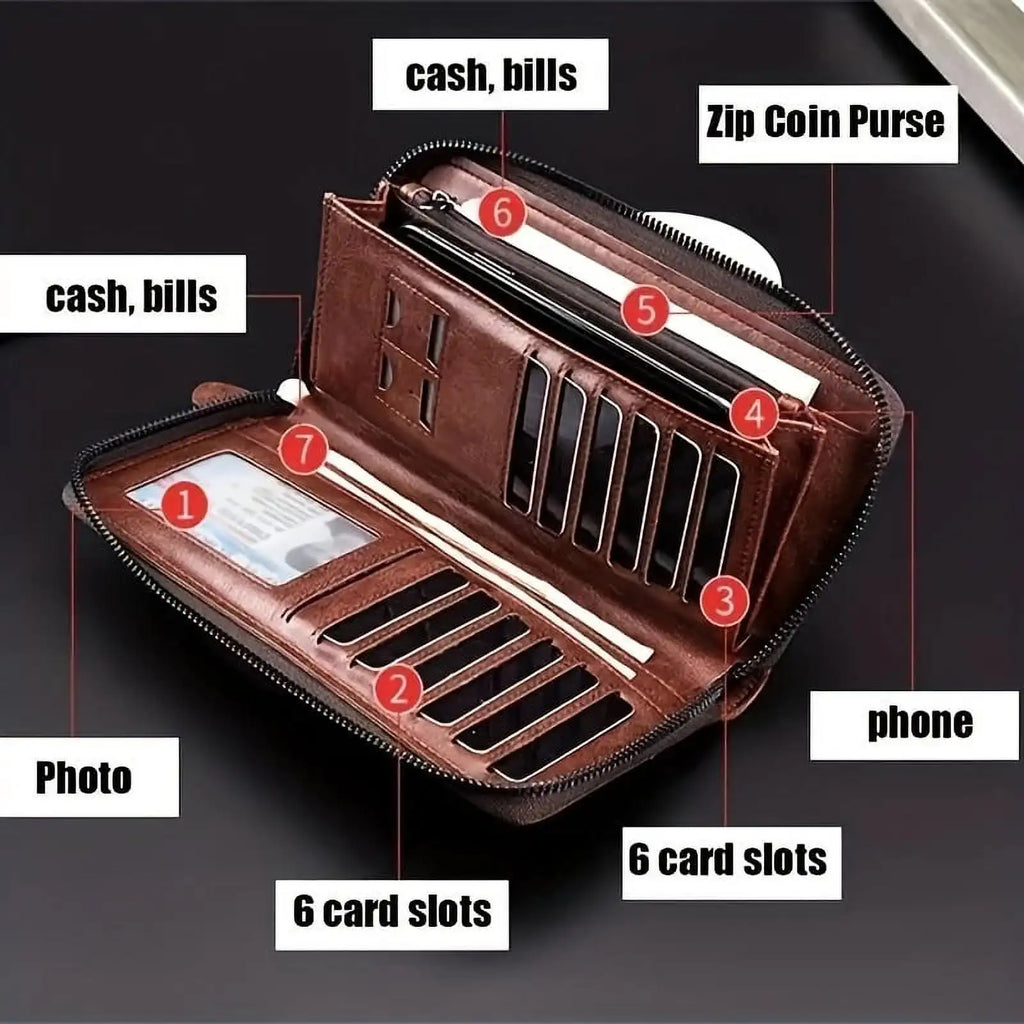Men's Long Zipper Wallet High Quality Pu Leather RFID Business Handbag Clutches