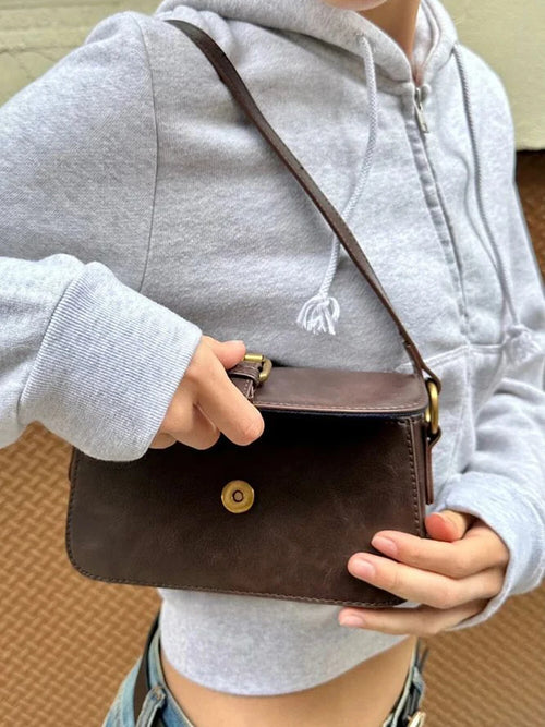 American Vintage Brown Pu Shoulder Bag Four Season High-Quality Buckle Decorate Ladies Handbag Streetwear Preppy Style Y2k Bags