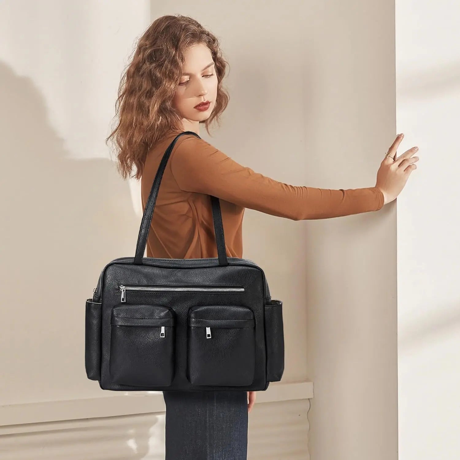 KALIDI Tote Bag Vegan Leather Women Pocket Utility Bag Faux Leather Shoulder Travel Purse Vintage Handbag for Work